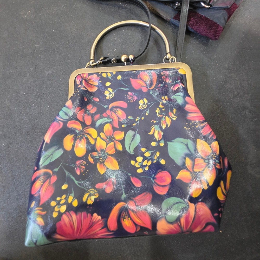 Patricia Nash Floral Leather Frame Bag Crossbody Kiss Lock Navy Red Tropical